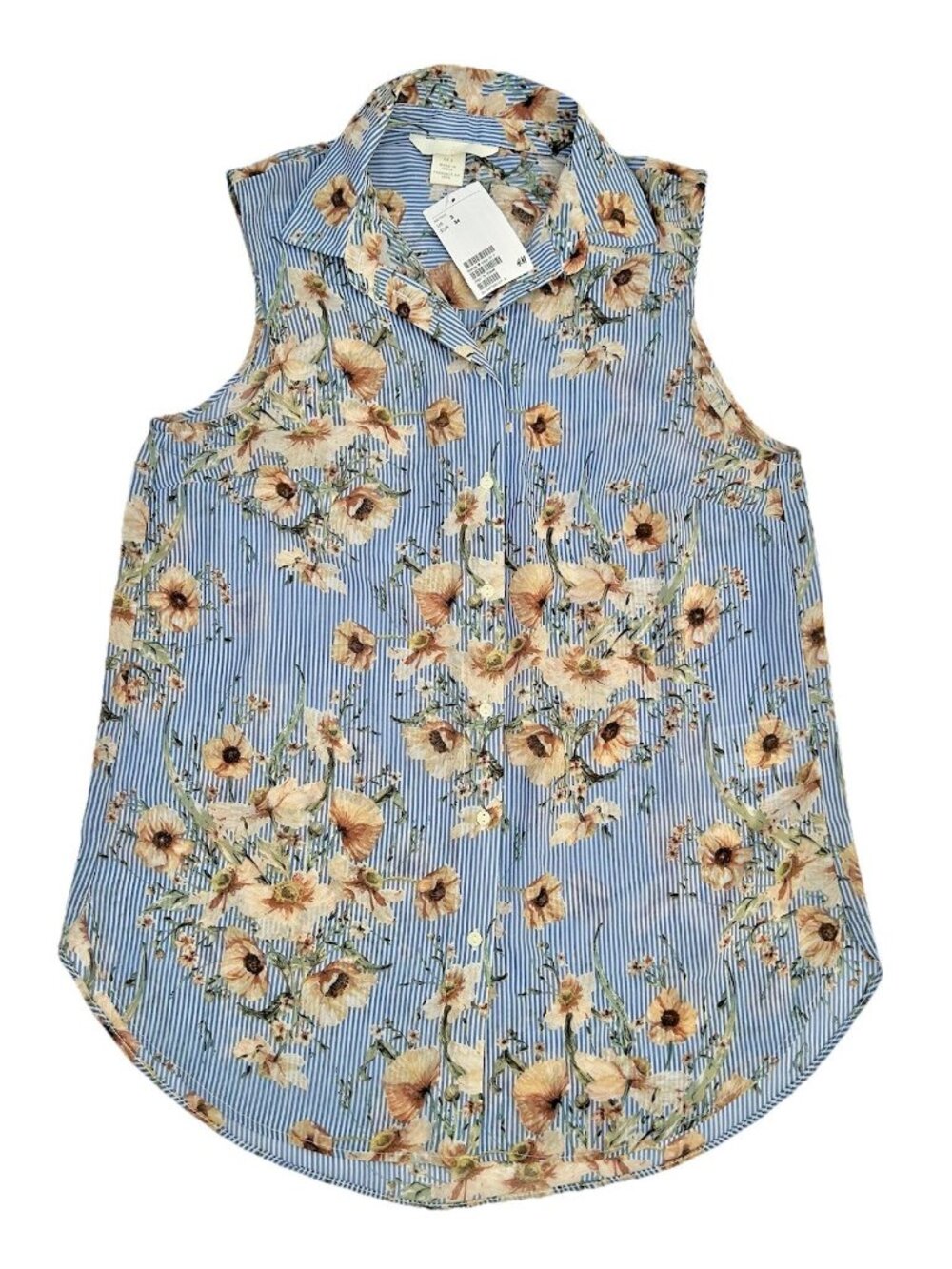New H&M Floral Blue Pinstripe Blouse Women’s Size 2 Sleeveless Button Down Top